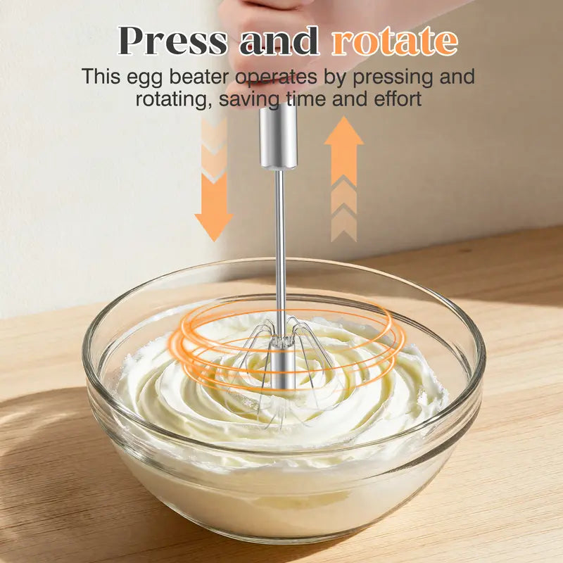 Stainless Steel Hand-Push Rotary Whisk Food-Grade Rust-Resistant Kitchen Utensil