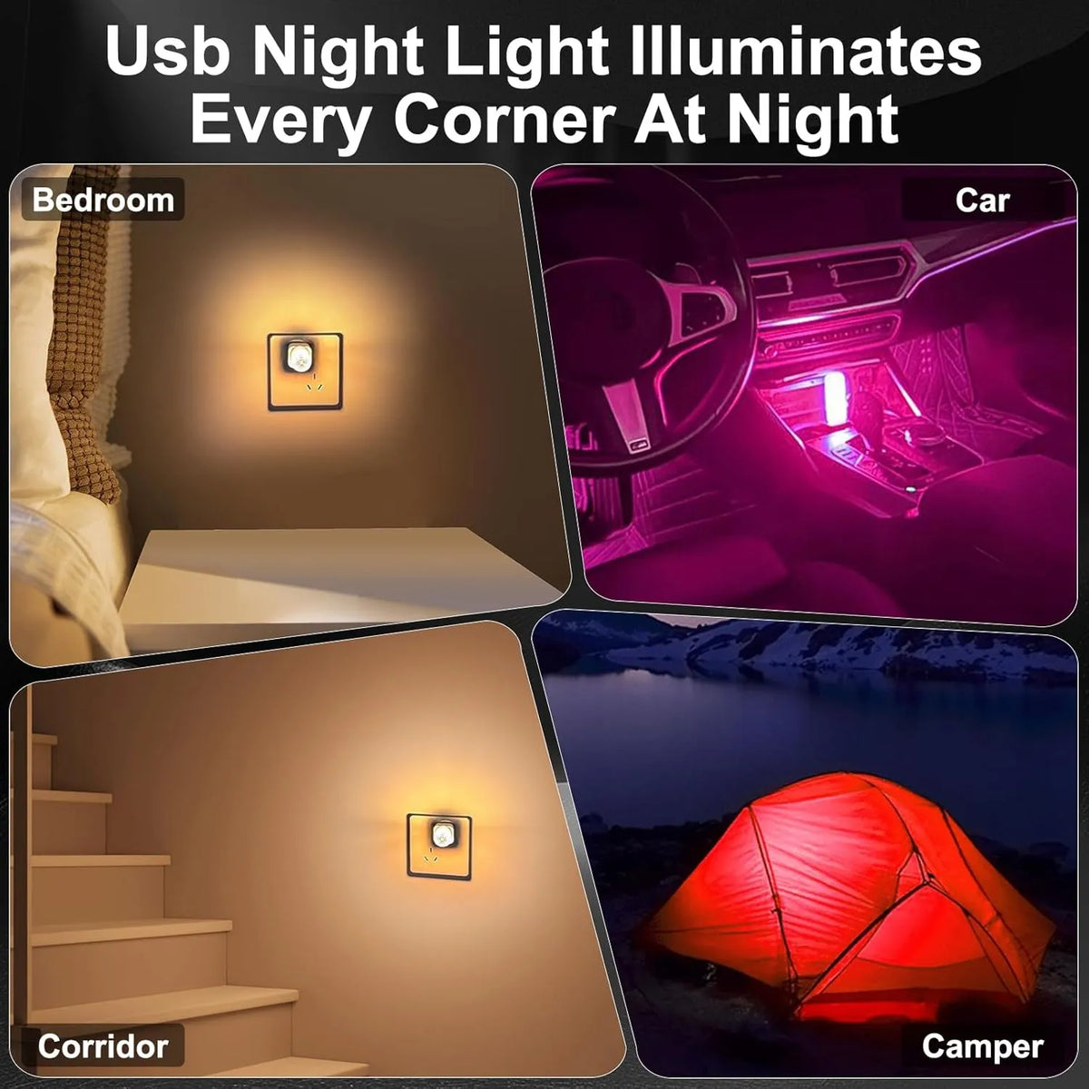 USB night light used in a bedroom car corridor and camping setting