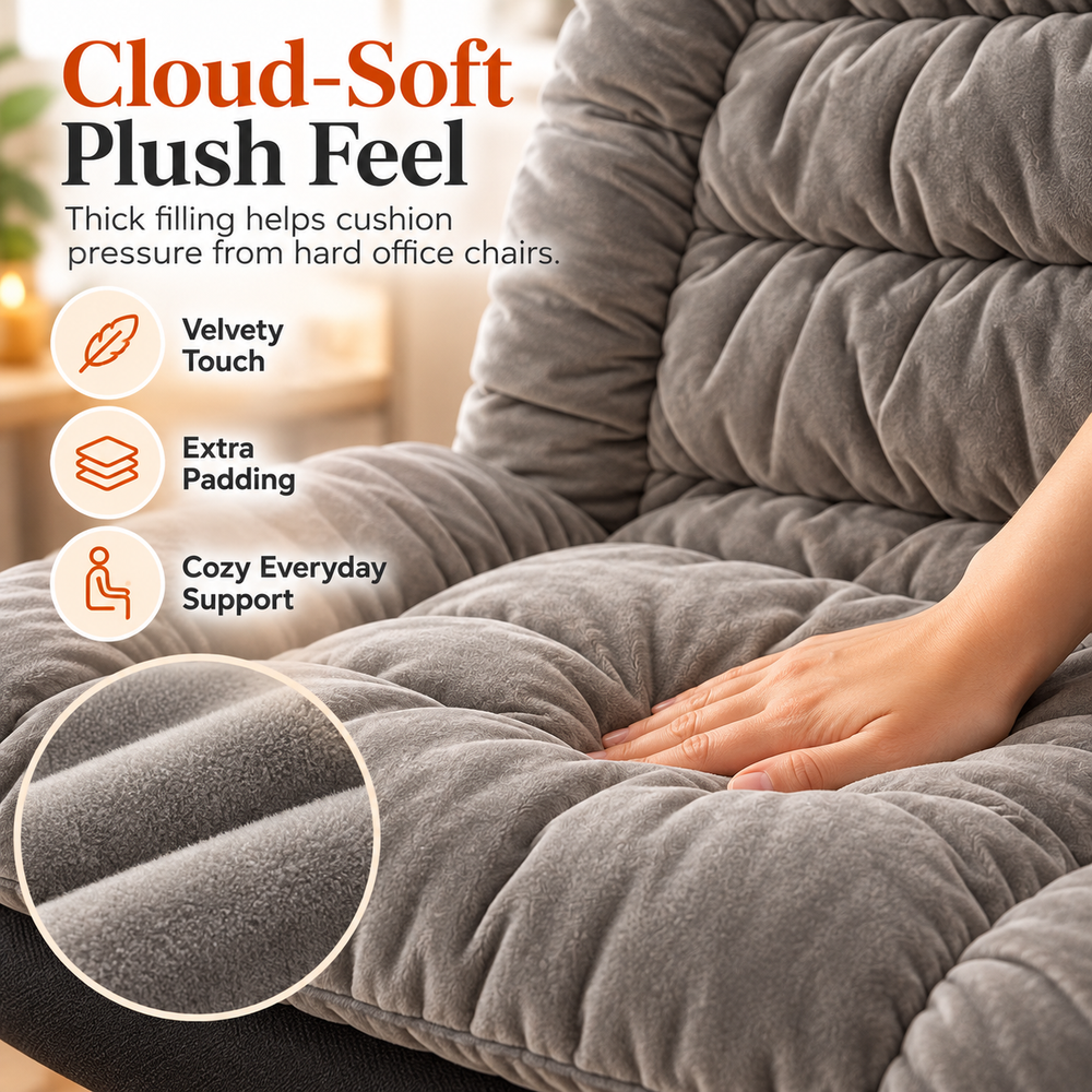 Close-up of the soft plush fabric and deep quilted padding on a gray heated office chair seat cushion