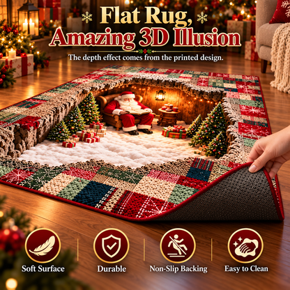 🔥🎅3D Optical Illusion Christmas Village Rug – Hidden Santa Winter Wonderland ✨
