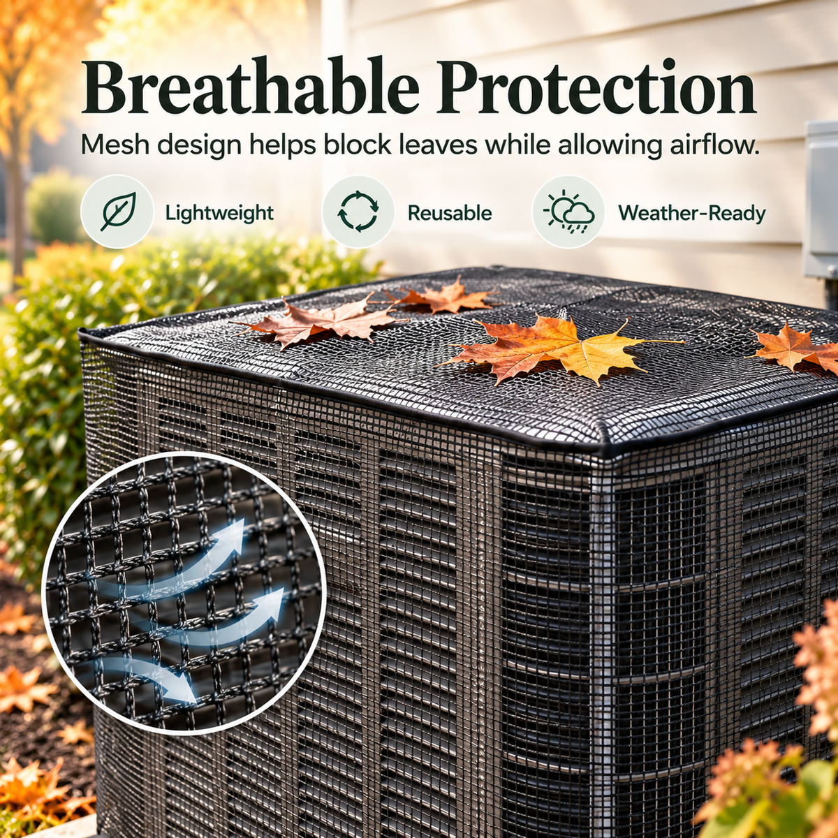 Close view of breathable outdoor AC mesh cover allowing airflow