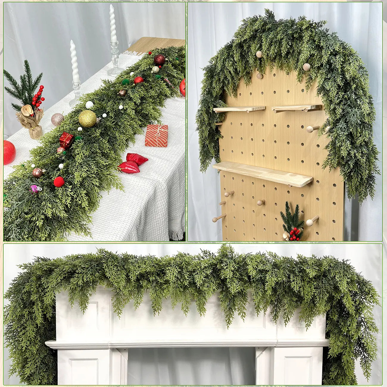 6 FT 2 Pcs Artificial Cedar Garlands, Real Touch Winter Cedar Garland, Green Artificial Greenery Pine Garland for Table, Mantle, Wall, Indoor, Outdoor Christmas Decorations