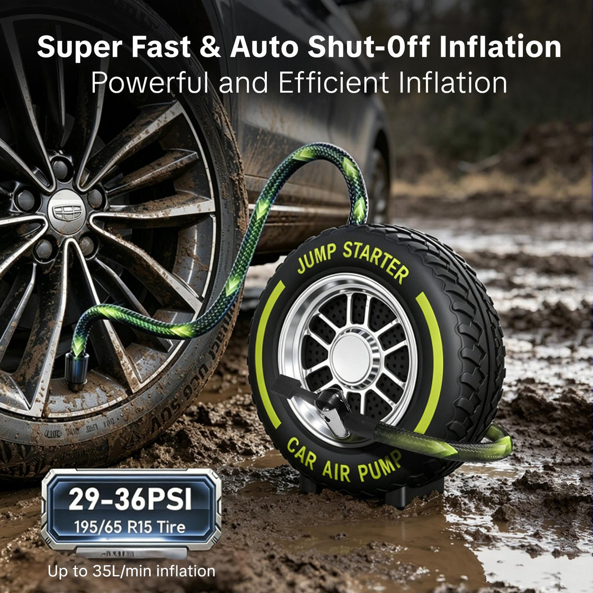 Electric Portable Tire Inflator, 6000mAh, 120 PSI Inflator with LED light, DC12V Jump Starter - Ideal for Rapid Inflation of Motorcycles/Bicycle/Balls, Road Trips, Emergencies and Daily Use toolupgrade