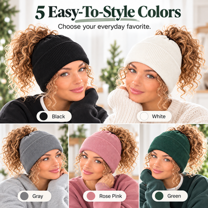 💚❄️ Women's Winter Ponytail Beanie Hat 🧶✨ Cozy Warm Knit Hat with Messy Bun Opening 🎀 Stretchy Ribbed Cuff Beanie for Cold Weather ☃️💕 5 Colors Available 🌈🎁