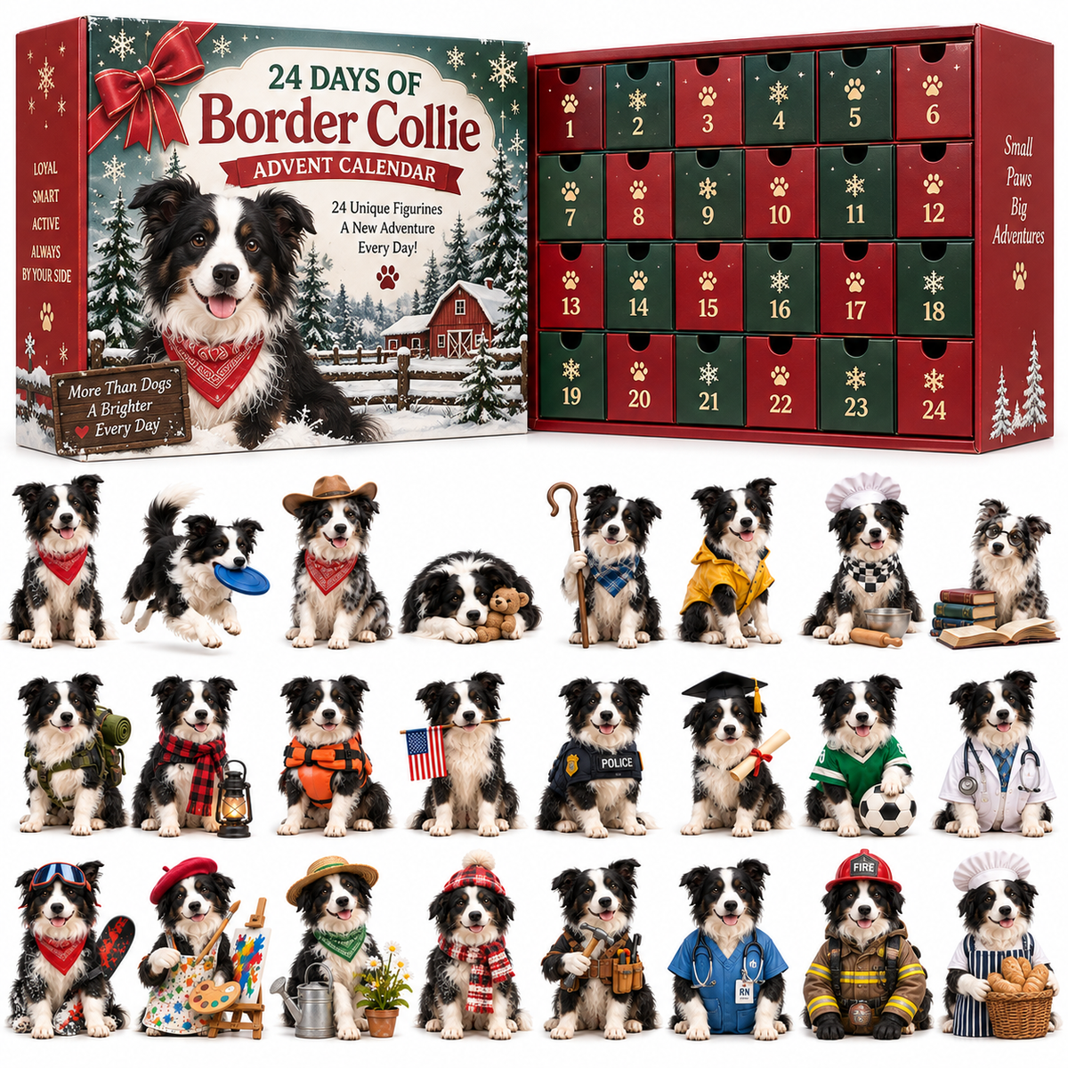❤️✨24 Days of Border Collie – 24 Unique Dog Figurines | Christmas Collectible Gift Set