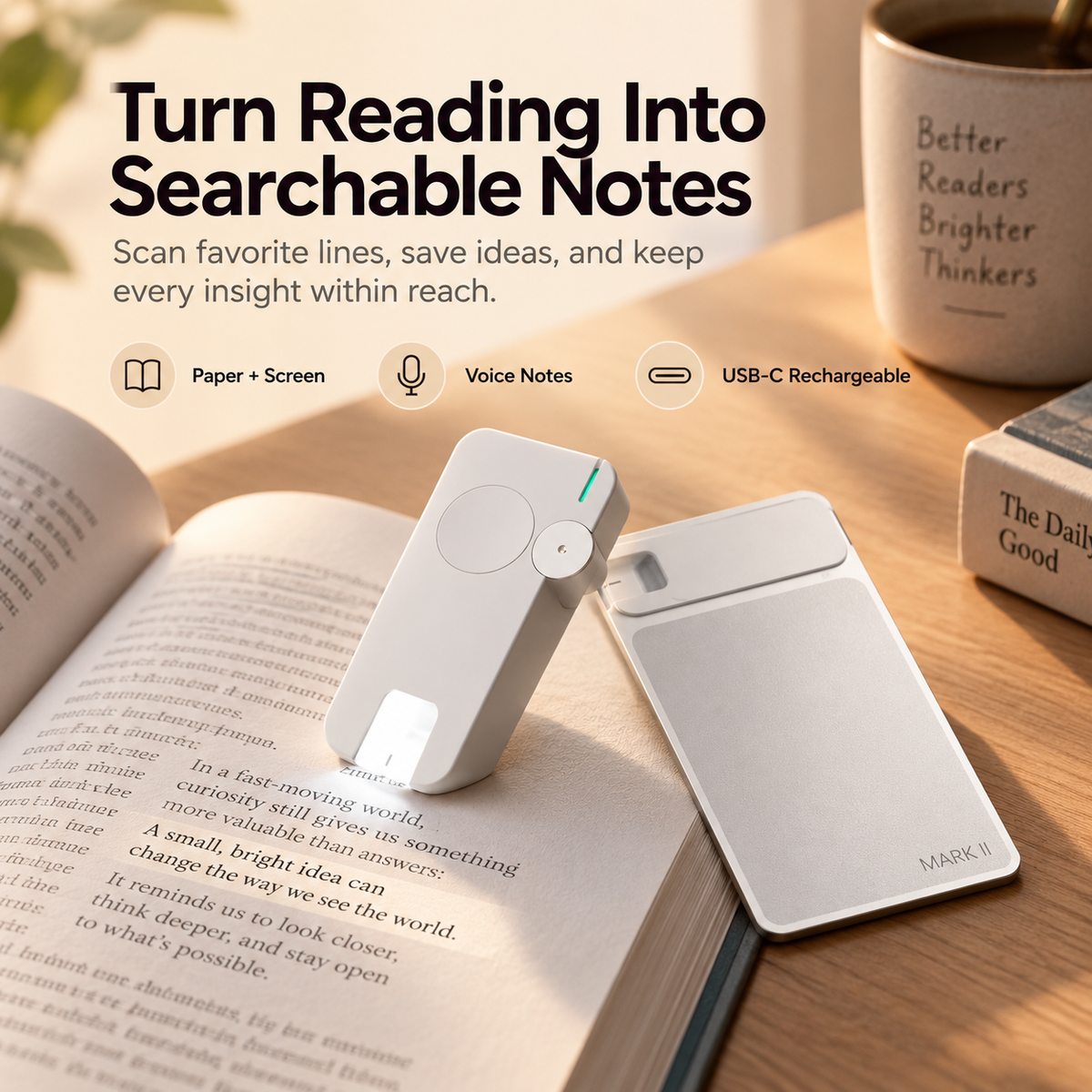 Smart digital bookmark and scanner with slim dock showing paper screen voice notes and USB C features