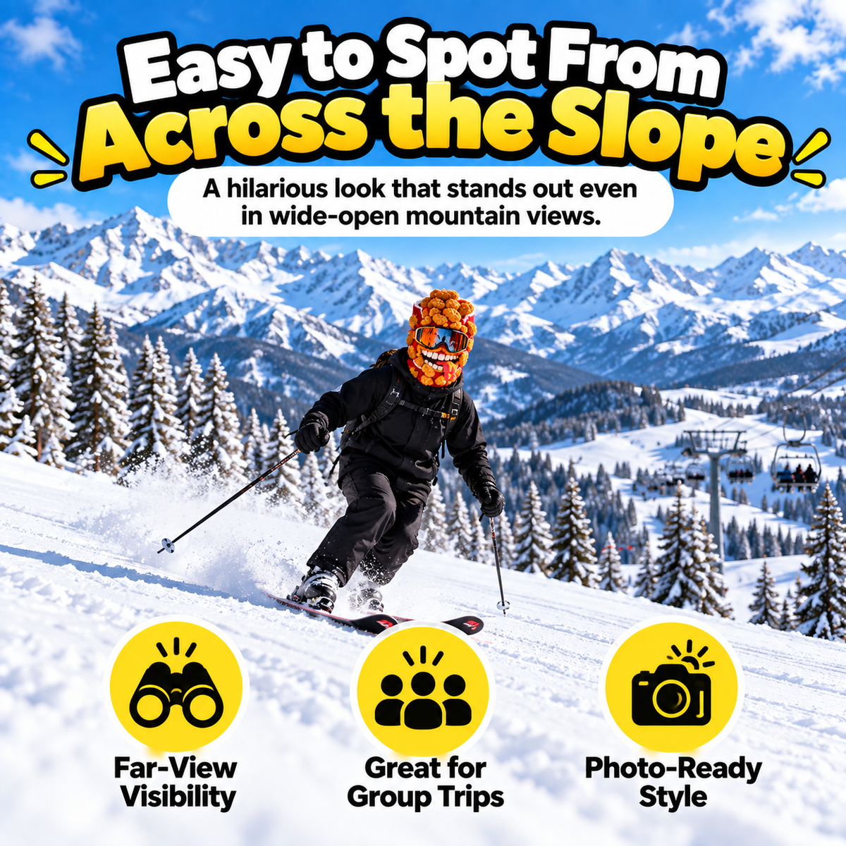Chicken nugget food ski mask visible from a distance while skiing