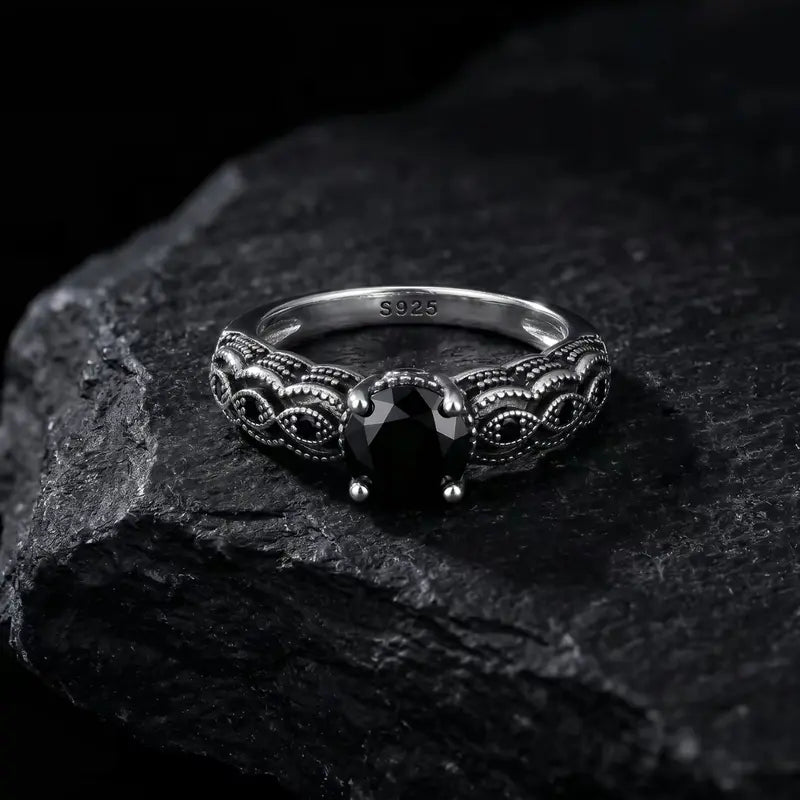 Sterling Silver Vintage Black Synthetic Obsidian Ring