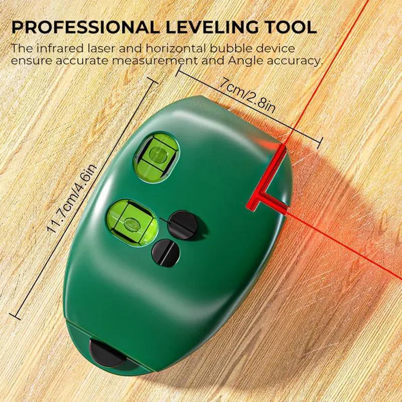 Compact green laser bubble level with two spirit vials and approximate 11.7 by 7 centimeter dimensions