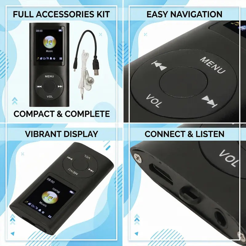 Portable MP3 player close-up showing the LCD screen, physical menu controls, USB port and headphone connections
