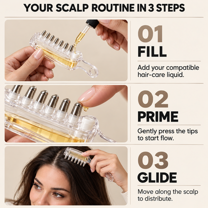 Three illustrated steps showing fill, prime, and glide scalp applicator use