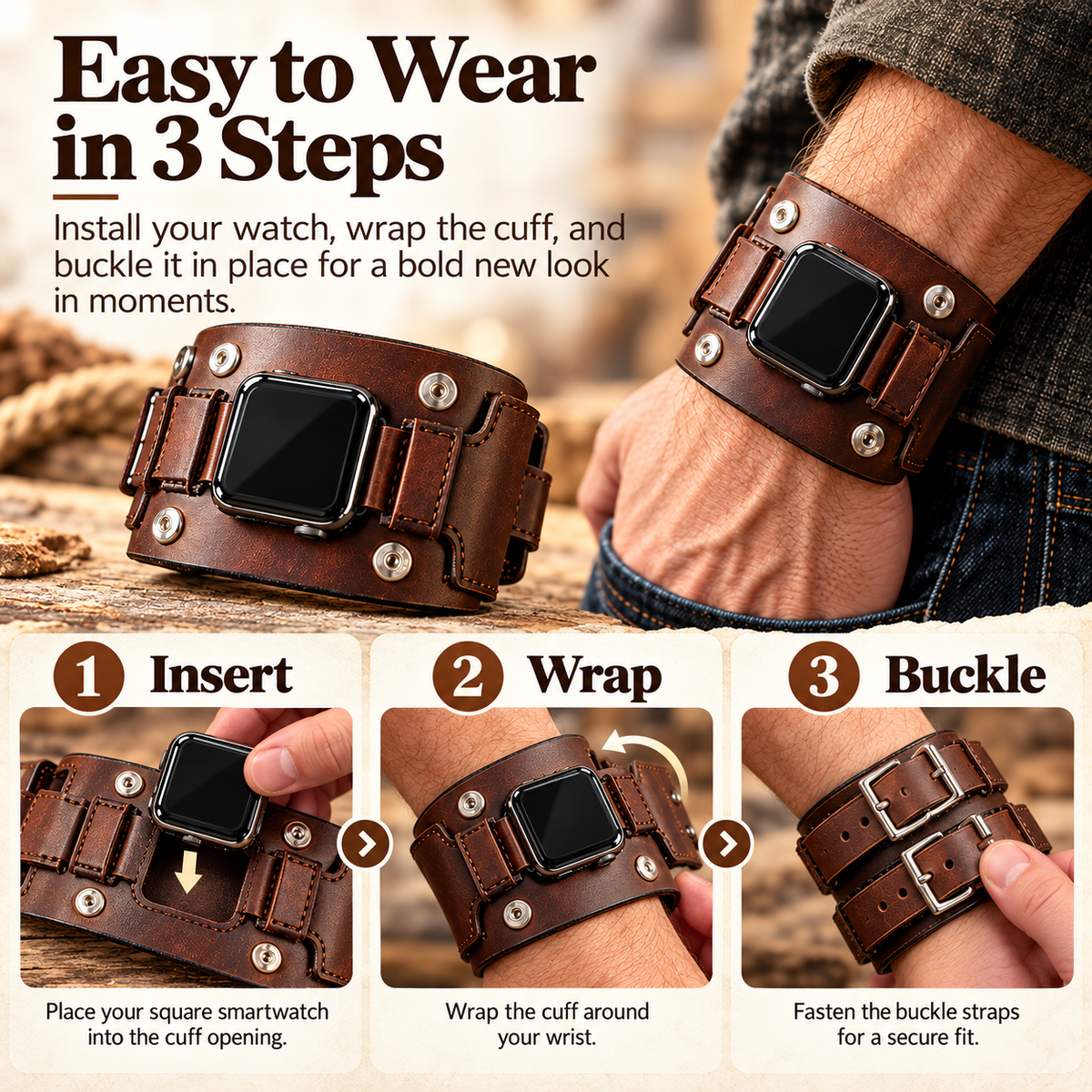 Three step process: insert smartwatch, wrap cuff, fasten buckle straps