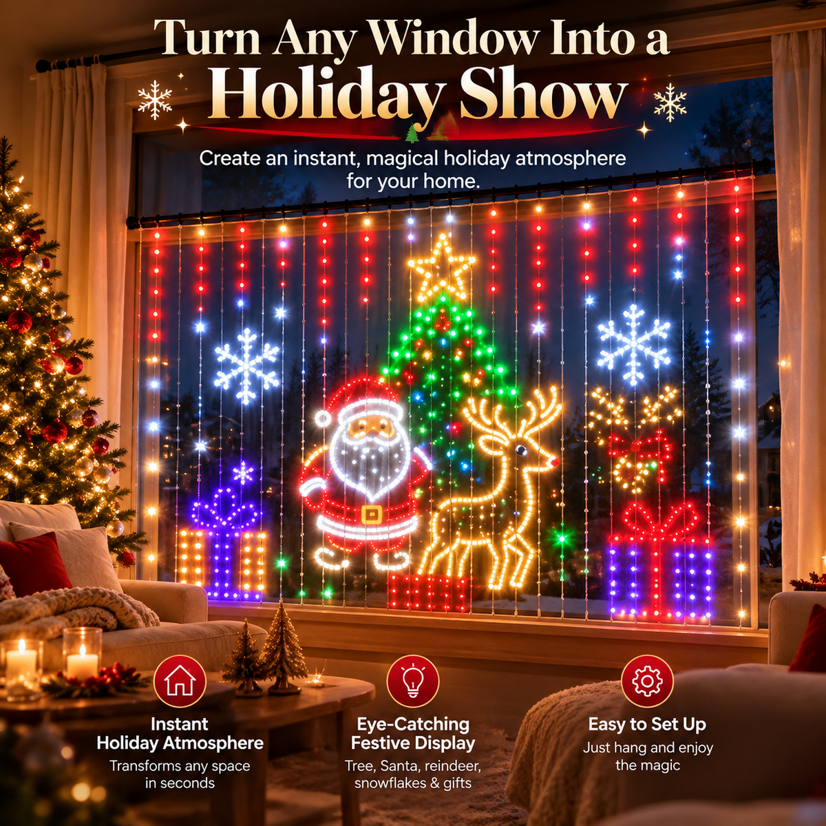 🎅Smart RGB Christmas Curtain Lights – App-Controlled Animated Holiday Window Display