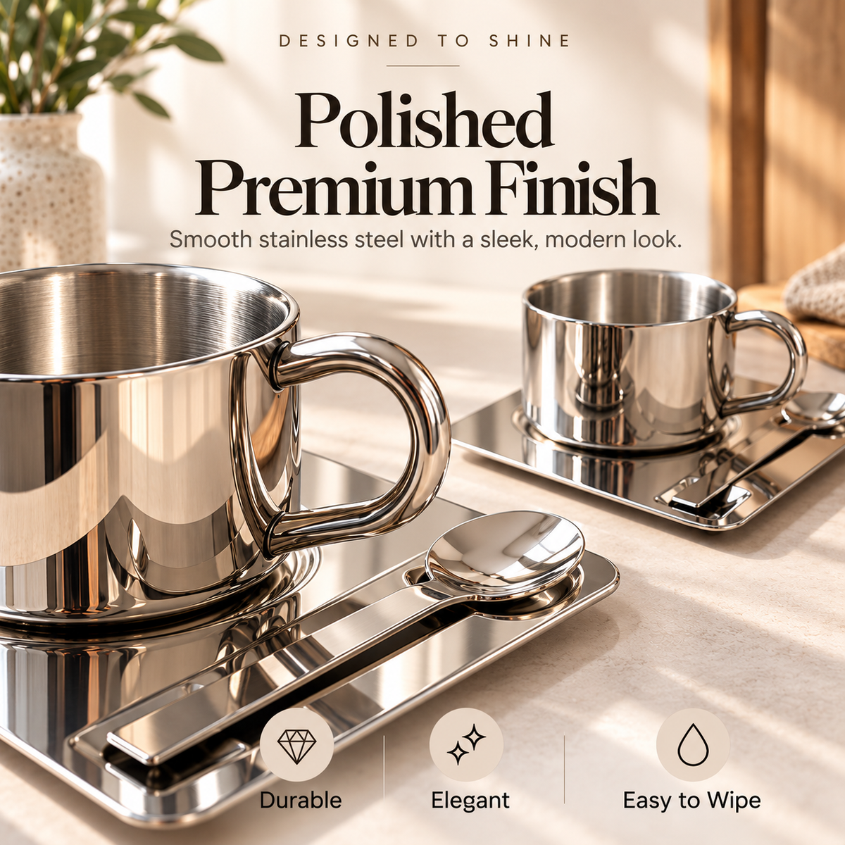 🤎 ☕Elegant Stainless Steel Coffee Cup Set with Matching Tray & Spoon – Modern Minimalist Coffee & Tea Drinkware
