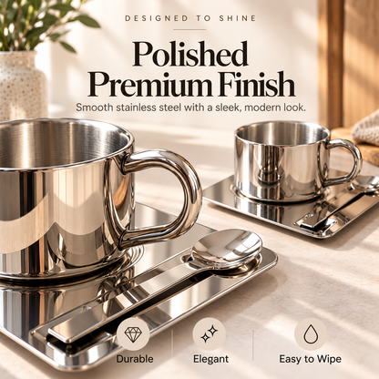 🤎 ☕Elegant Stainless Steel Coffee Cup Set with Matching Tray & Spoon – Modern Minimalist Coffee & Tea Drinkware