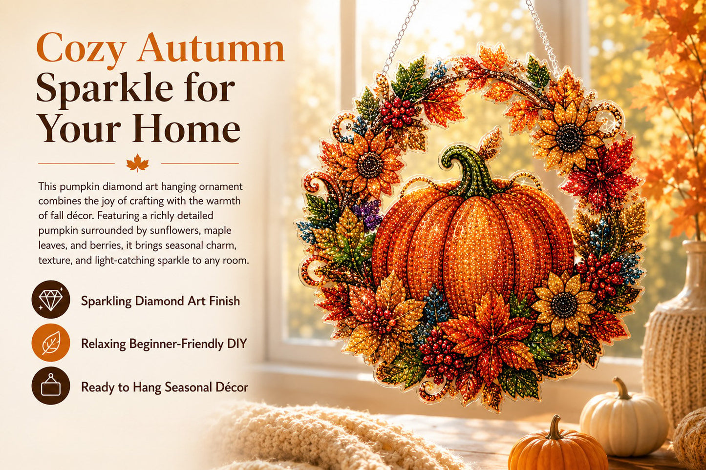 🔥Last Day 49% OFF - 🍂✨Autumn Harvest Pumpkin Diamond Art Hanging Ornament Kit✨