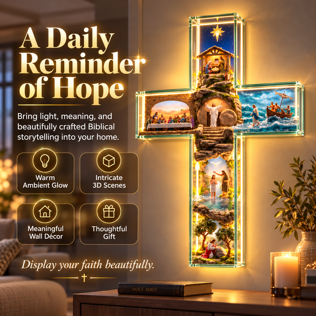 ✝️Illuminated 3D Biblical Story Cross – Warm LED Christian Wall Decor & Meaningful Faith Gift