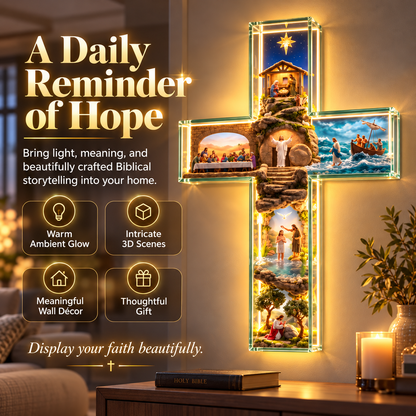 ✝️Illuminated 3D Biblical Story Cross – Warm LED Christian Wall Decor & Meaningful Faith Gift