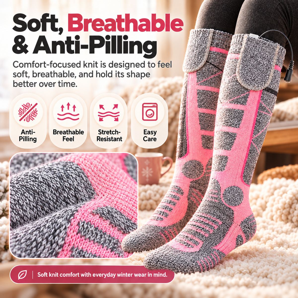 Close up soft breathable stretch resistant anti pilling heated sock knit