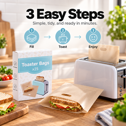 🥪15-Pack Reusable Non-Stick Toaster Bags – Mess-Free Grilled Sandwiches
