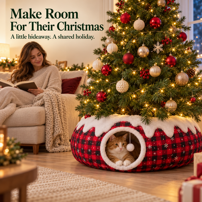 🎄🐱 Christmas Cat Tunnel & Tree Skirt – Cozy Plaid Hideaway with Hanging Pom-Pom | 2-in-1 Holiday Cat Play Tunnel ✨