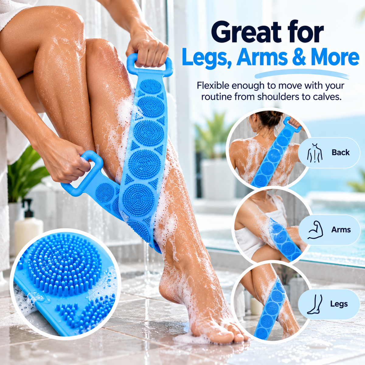 Flexible silicone scrubber used on legs arms and back