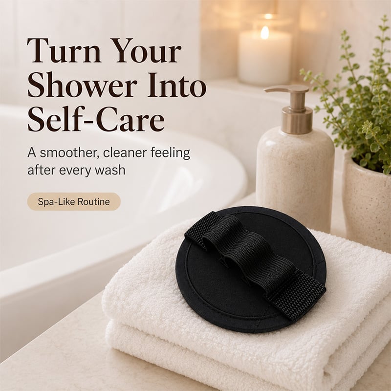 Soft rubber exfoliating shower glove in a clean bathroom setting