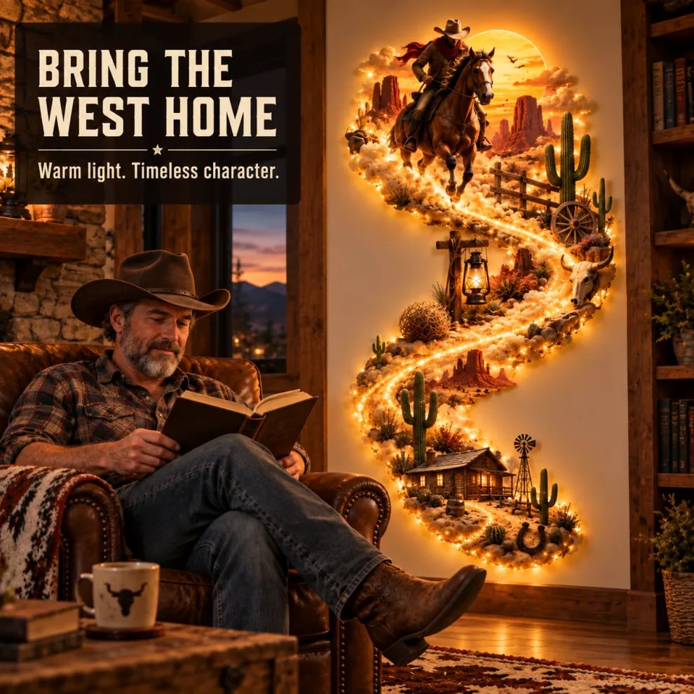 Cowboy enjoying Western LED wall decor in a rustic leather chair reading corner