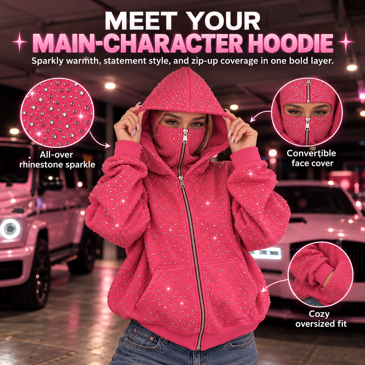 Woman wearing bright pink all-over rhinestone hoodie with a convertible face-cover zip, roomy sleeves and front pockets