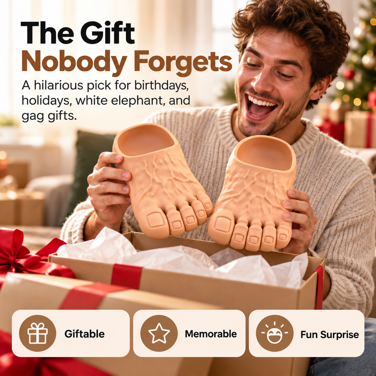 Funny giant toe slippers being opened as a novelty gift