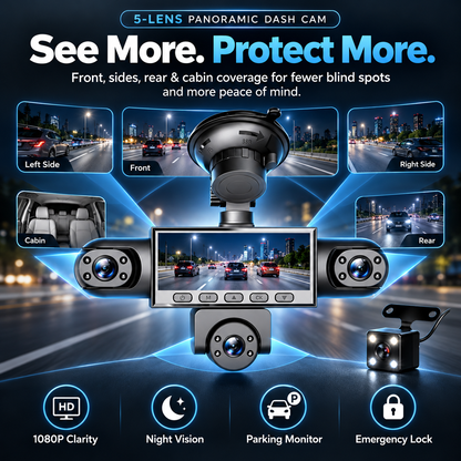 🚗 4/5-Camera Panoramic Dash Cam | 1080P Night Vision, Front & Rear View, Loop Recording & Parking Monitor 🛡️📹