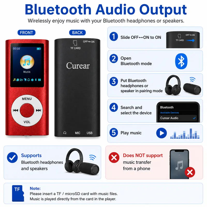 Portable MP3 player showing Bluetooth audio pairing instructions, front and back views, and wired headphone compatibility