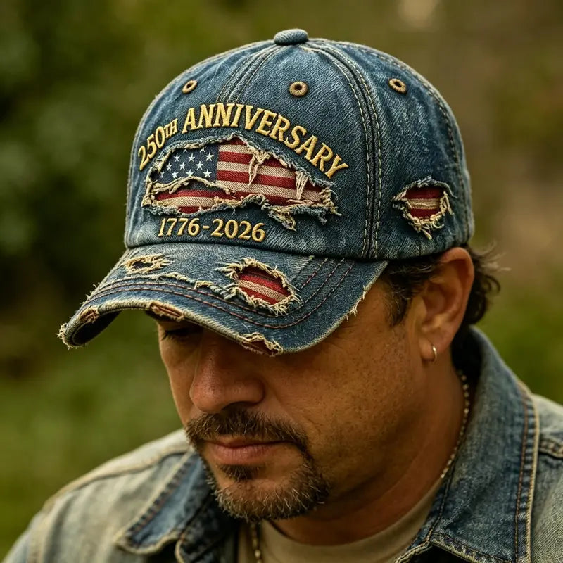 🎁250th Anniversary 1776-2026 Distressed Denim Baseball Cap for Men American Flag Embroidery
