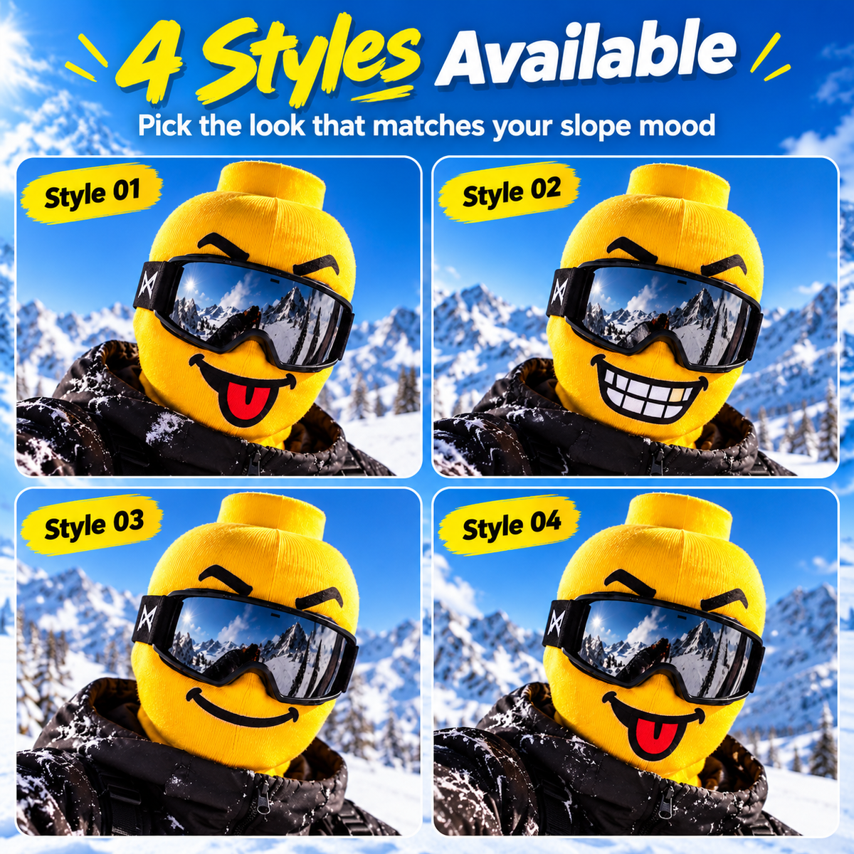 Four yellow ski mask face styles