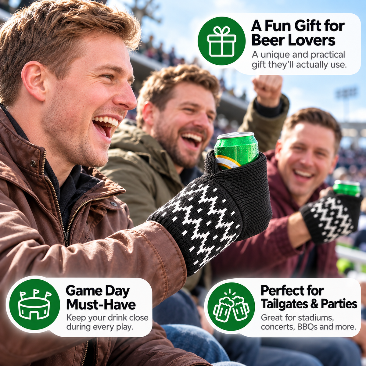 Hands-Free Wearable Can Holder – Cozy Knit Drink Sleeve for Game Day
