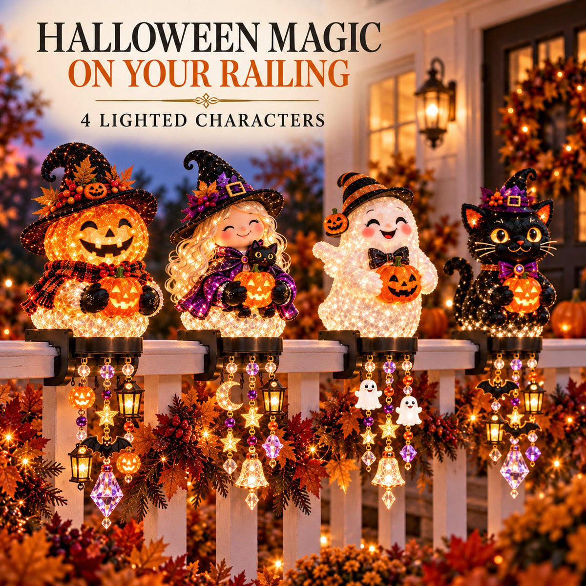 Four lighted Halloween railing characters