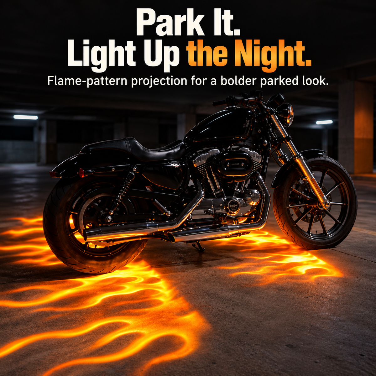 Parked motorcycle with orange flame-inspired LED graphics projected onto the pavement