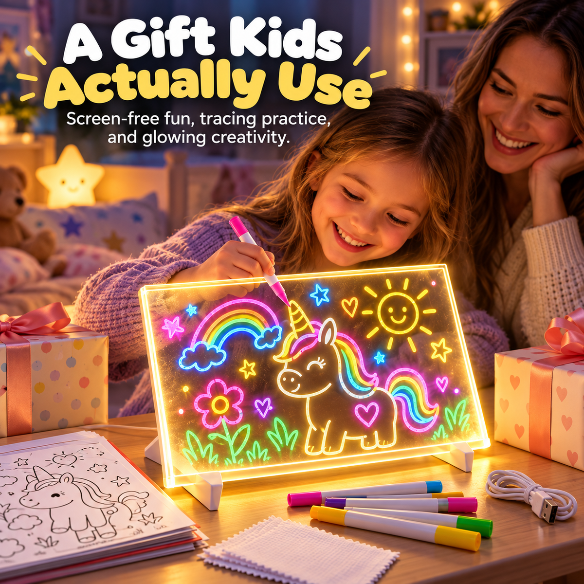 Mother watching child enjoy colorful light-up drawing board surrounded by birthday-style presents