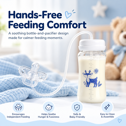 🍼💙✨ Cute Deer Baby Feeding Bottle & Connected Pacifier Set 🦌👶💕 Flexible Tube Design, Clear Milk Bottle, Baby Feeding Essential 🎀🍼 (Blue & Pink) ✨💗