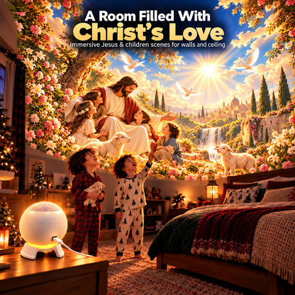 Children standing in a room with a large illustrative Jesus-themed wall and ceiling projection