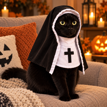 🐾 Funny Nun Cat Halloween Costume – Hooded Pet Costume for Photos, Parties & Pranks