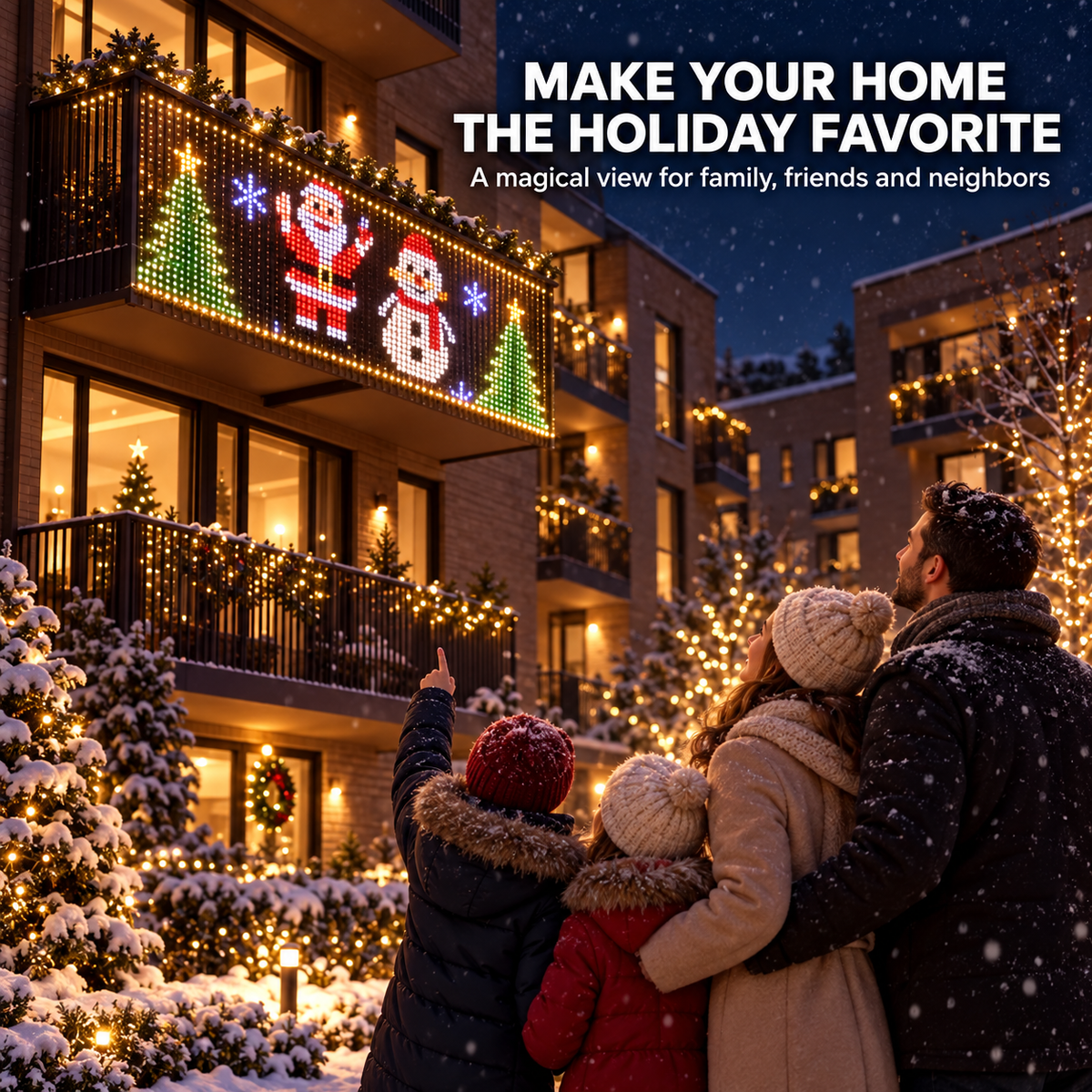 Family viewing animated Christmas LED pixel balcony display