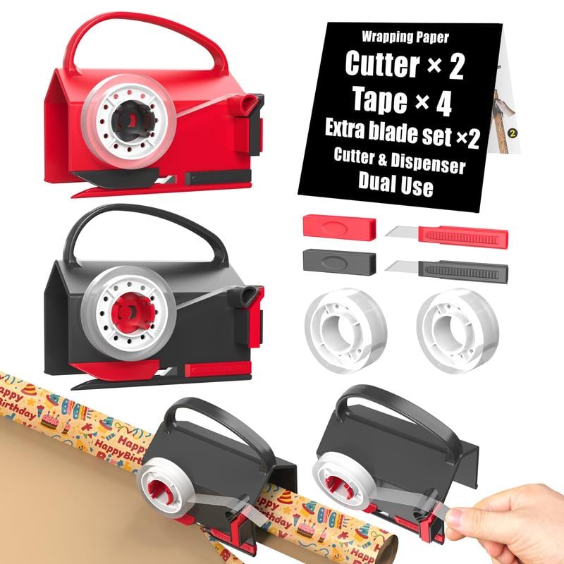 🎄FREE SHIPPING🎄Wrapping Paper Cutter(2-Pack) & Tape Dispenser Dual Use with 4 Tapes，2 Replace Blades Kit