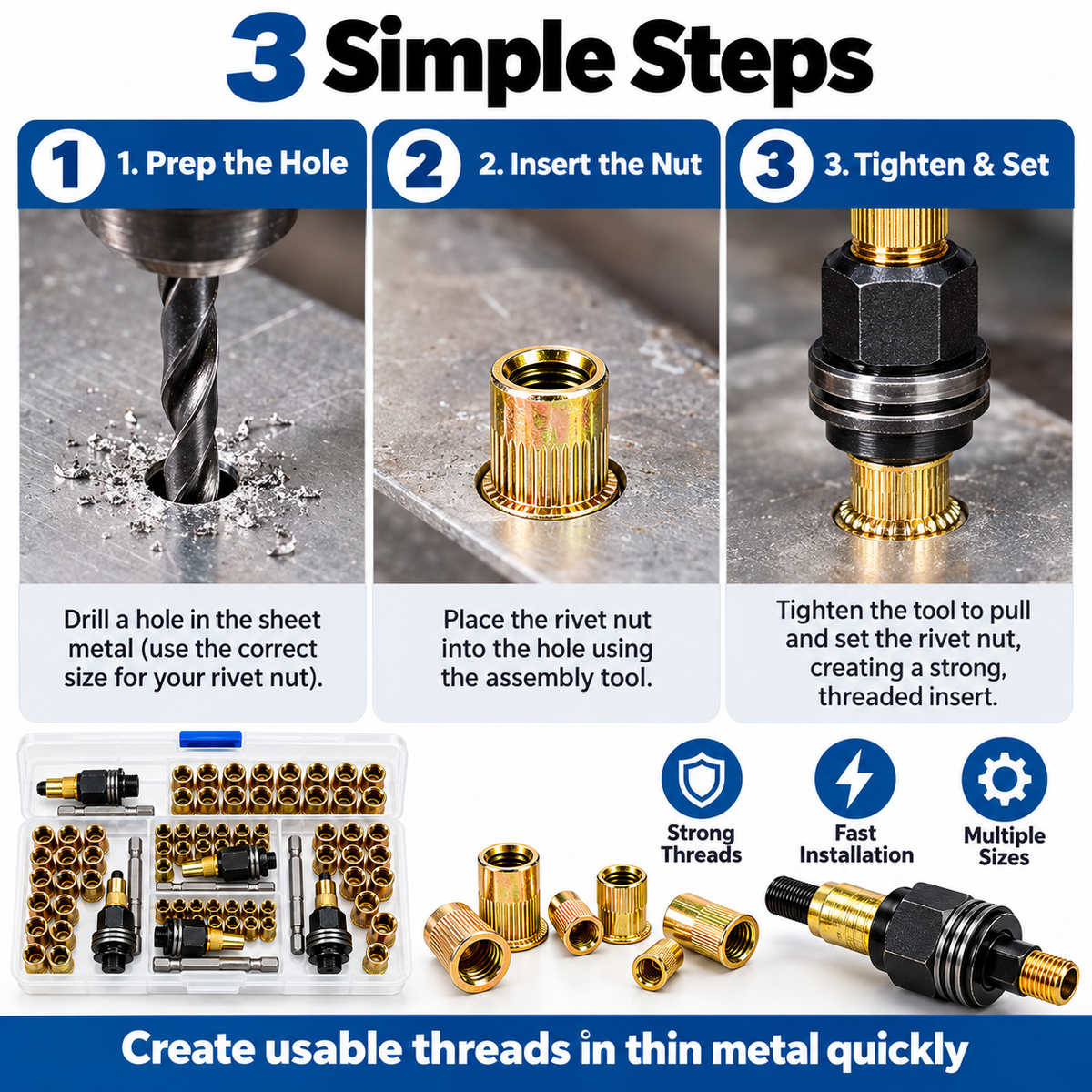 🔩50-Piece Rivet Nut Installation Kit – Threaded Insert Tool Set for Metal Repair