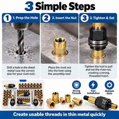 🔩50-Piece Rivet Nut Installation Kit – Threaded Insert Tool Set for Metal Repair