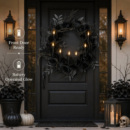 🎁Elevate your Halloween vibe 🖤Black Rose Candle Wreath