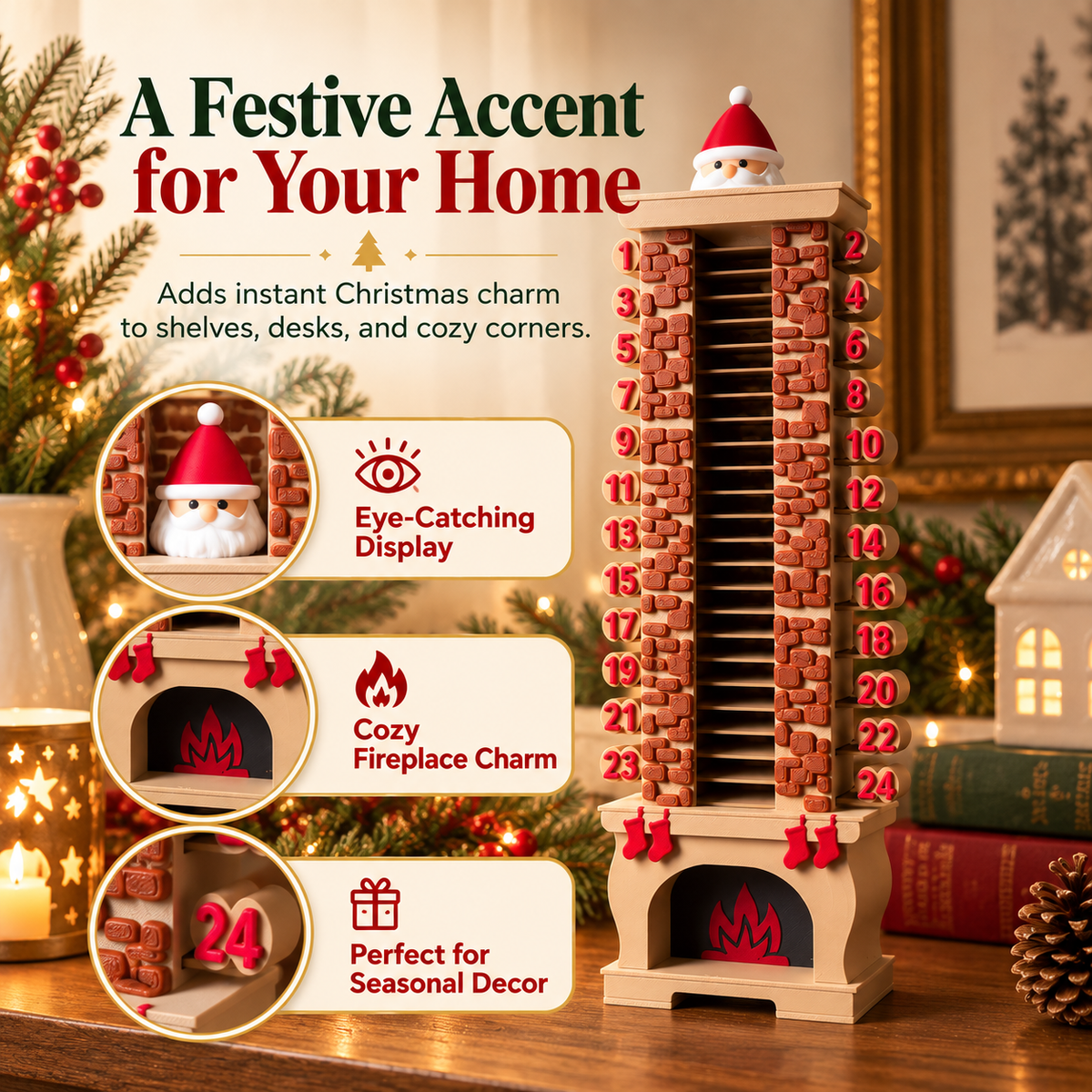 Santa chimney countdown calendar as a festive Christmas home accent