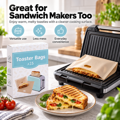 🥪15-Pack Reusable Non-Stick Toaster Bags – Mess-Free Grilled Sandwiches