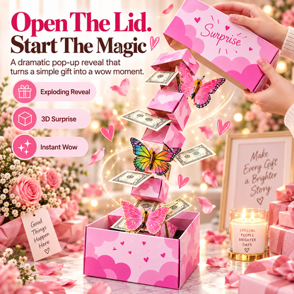🎁Pink Surprise Money Explosion Gift Box with Pop-Up Butterflies – Birthday Cash Gift Reveal