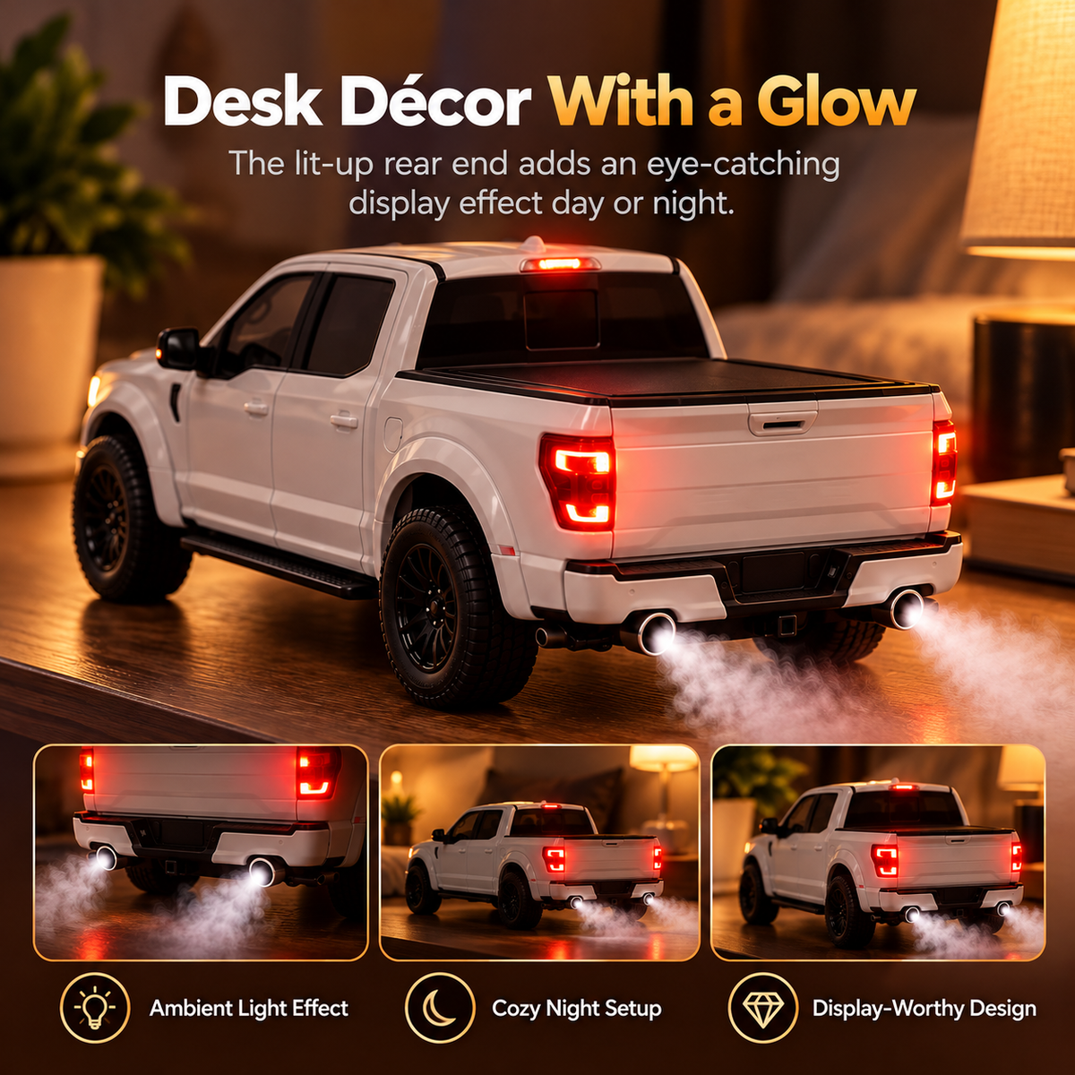Illuminated red truck taillights glowing in a warm indoor setting while mist rises from dual rear exhaust openings